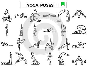 Yoga poses outline design icon set.