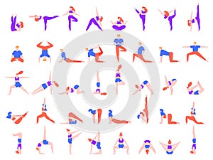 Yoga poses people. People doing yoga exercise, young man and woman yoga community vector illustration set. Meditation