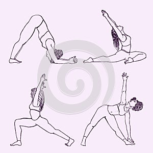Yoga poses set. Girls in dolphin, warrior and triangle poses doing stratching. Healthy lifestyle concept. Outline hand drawn style