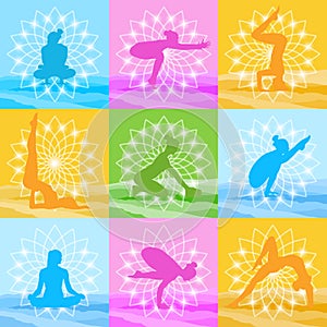 Yoga Poses Set Woman Silhouette Over Beautiful Lotus Icon Colorful Ornament