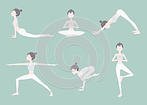 Yoga poses set of young girl. Digital hand drawn smiling yoga girls vector illustration.
