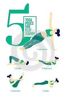 Yoga Poses Set. Young woman practicing Yoga pose. Woman workout fitness, aerobic and exercises. Vector Illustration.