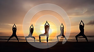 Yoga Poses Silhouette at Beach Sunset