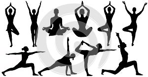 Yoga Poses Woman Silhouette Isolated Over White Background