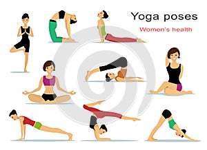 Yoga poses for women. Beautiful sport girls doing yoga. Flat style.