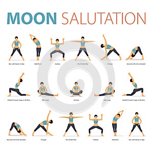 Yoga poses for Yoga at home in concept of Yoga Moon Salutation in flat design. Woman exercising for body stretching. Vector.