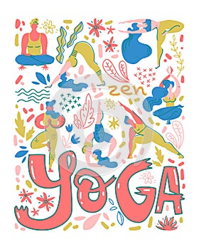 Yoga poster in folk scandinavian style with yogis, plants and lettering. Flat vector illustration.