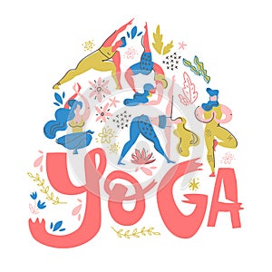 Yoga poster in folk scandinavian style with yogis, plants and lettering. Flat vector illustration.
