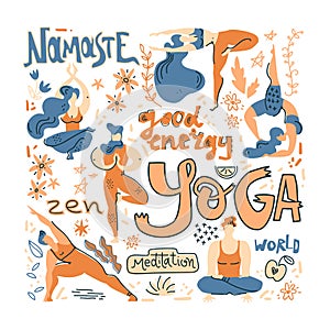 Yoga poster in folk scandinavian style with yogis, plants and lettering. Flat vector illustration. photo