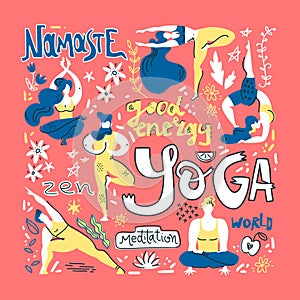 Yoga poster in folk scandinavian style with yogis, plants and lettering. Flat vector illustration. photo