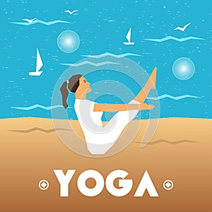 Yoga poster with a girl in the yoga pose on a sea background.