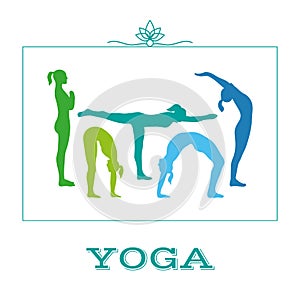 Yoga poster with silhouettes of women in the yoga poses on a white background.