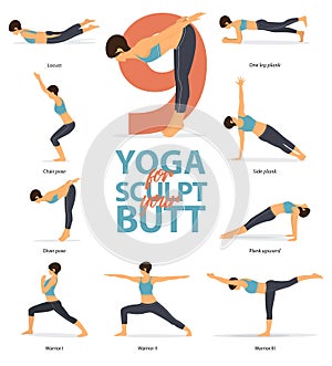 Yoga postures female figures Infographic . 6 Yoga poses for Sculpt your butt in flat design. Vector Illustration.