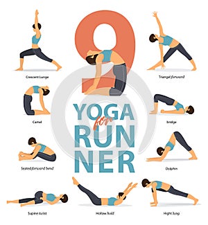 Yoga postures female figures Infographic . 9 Yoga poses for Runners  in flat design.