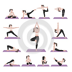 Yoga postures woman exercises set.