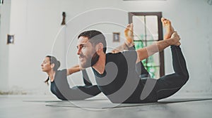 Yoga Practice Exercise Class Concept. Two beautiful people doing exercises.Young woman and man practicing yoga indoors.
