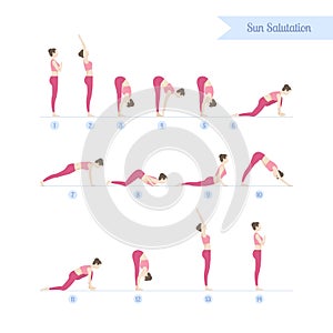 Yoga practice set. Steps to Sun Salutations, or Surya Namaskar.