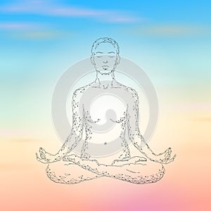 Yoga practice woman in lotus position low poly silhouette. Polygonal yoga relaxation exercise wellness class. Sunrise