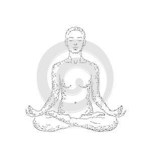 Yoga practice woman in lotus position low poly silhouette. Polygonal yoga relaxation exercise wellness class. White gray