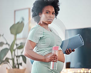 Yoga, pregnant and portrait of black woman in home ready to start exercise, training or workout for health or fitness