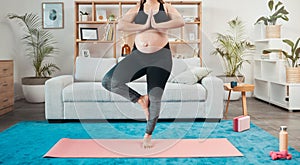 Yoga, pregnant woman and meditation in living room, workout and fitness. Pregnancy, healthy female and lady with peace