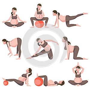 Yoga for Pregnant Women Icons Collection on White