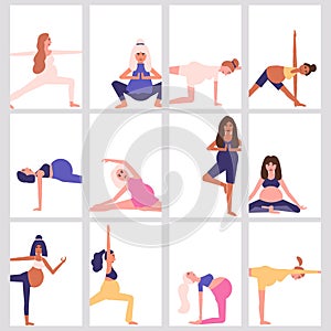 Yoga pregnant women. Pregnant woman training set. Vector yoga pose for pregnant. Woman yoga, pregnant yoga. Pilates for