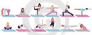 Yoga pregnant women. Pregnant woman training set. Vector yoga pose for pregnant. Woman yoga, pregnant yoga. Pilates for