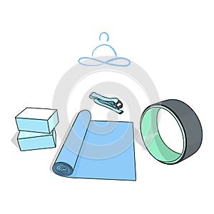 Yoga props: blocks, mat, strap and a wheel. Cartoon vector illustration. Equipment icon set