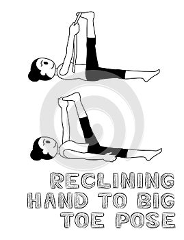 Yoga Reclining Hand to big toe Pose Cartoon Vector Illustration Monochrome