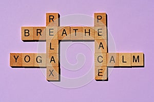 Yoga, Relax, Breathe, Peace, Calm, crossword on purple