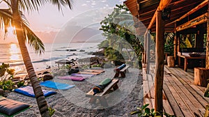 Yoga retreat setup on tropical beach at sunset