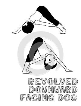 Yoga Revolved Downward Facing Dog Cartoon Vector Illustration Black and White