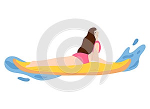 Yoga on saddles. A woman does yoga on sups. Vector illustration. A woman is surfing.