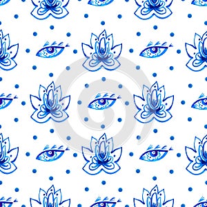 Yoga seamless pattern with blue lotuses, eyes, circles of dots on white background