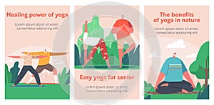 Yoga for Seniors Cartoon Banners. Old Male and Female Characters Meditation in Park. Elderly People Active Lifestyle