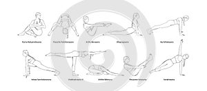 Yoga set with sanscrit asana names. Yogi woman full body workout including core muscles, legs and arms. Sketch vector