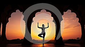 Yoga silhouette in old temple at sunset sky background.