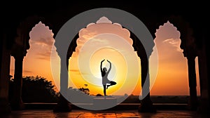 Yoga silhouette in old temple at sunset sky background.