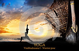 Yoga silhouette warrior pose near boat