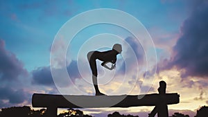 Yoga, silhouette and woman exercise against a night sky on balance beam, energy and chakra training with mockup. Posture