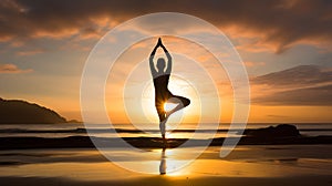 Yoga: Silhouetted Pose on Peaceful Beach, Women, Lady, Beach Yoga, Sunrise