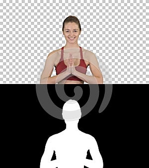 Yoga smiling woman with hands coupled, Alpha Channel