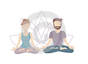 Vector illustration of a meditating couple with a Lotus flower background.