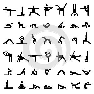 Yoga stick people. Sport exercises flexible person different basic yoga poses symbols vector silhouettes of simple