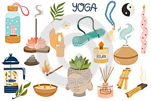 Yoga stickers set. Hand drawn elements set aroma sticks, mat, block.
