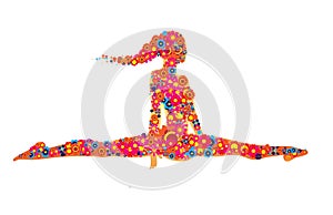 Yoga streching girl isolated silhouette with colorful circles flowers