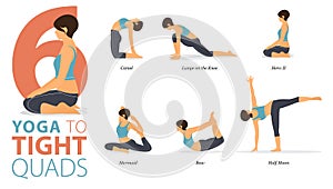 6 Yoga poses for workout in concept of Tight Quads in flat design. Women exercising for body stretching. Vector. photo