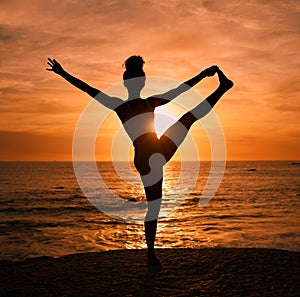 Yoga, stretching and silhouette of woman on beach at sunrise for exercise, training and pilates workout. Motivation