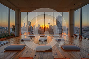 Yoga studio with city skyline view at sunset, urban design